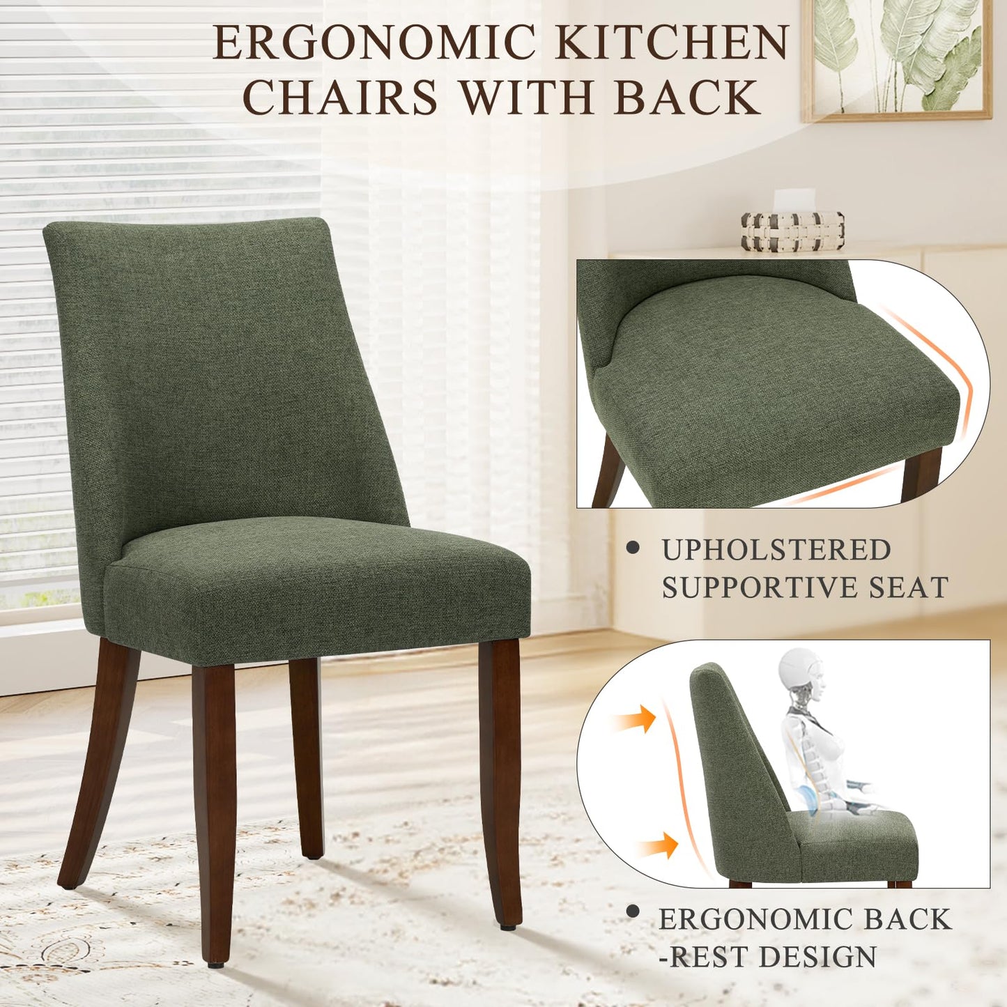 COLAMY Upholstered Dining Chairs Set of 4, Linen Fabric Parsons Dining Room Chairs with Curved Backrest, Solid Rubber Wood Legs