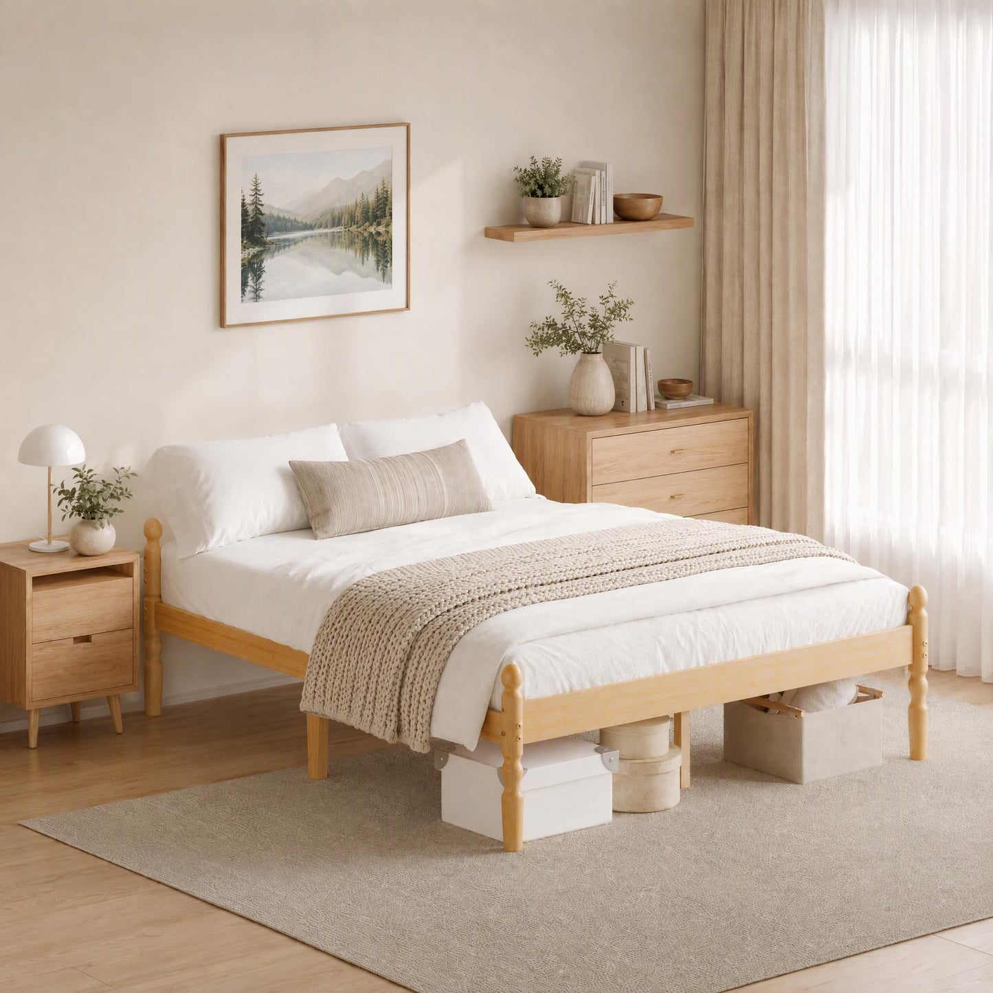 APEXTELLA HOME Double Bed Frame 14-inch Natural Bamboo Wood Platform Bed with Metal Slats Support and Mattress Slide Stopper, Underbed Storage Space