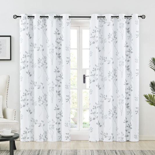 Beauoop Grey Floral Blackout Curtains for Bedroom Living Room 72 Inch Drop Leaf Print Eyelet Curtain Botanical Thermal Insulated Noise Reducing Drapes