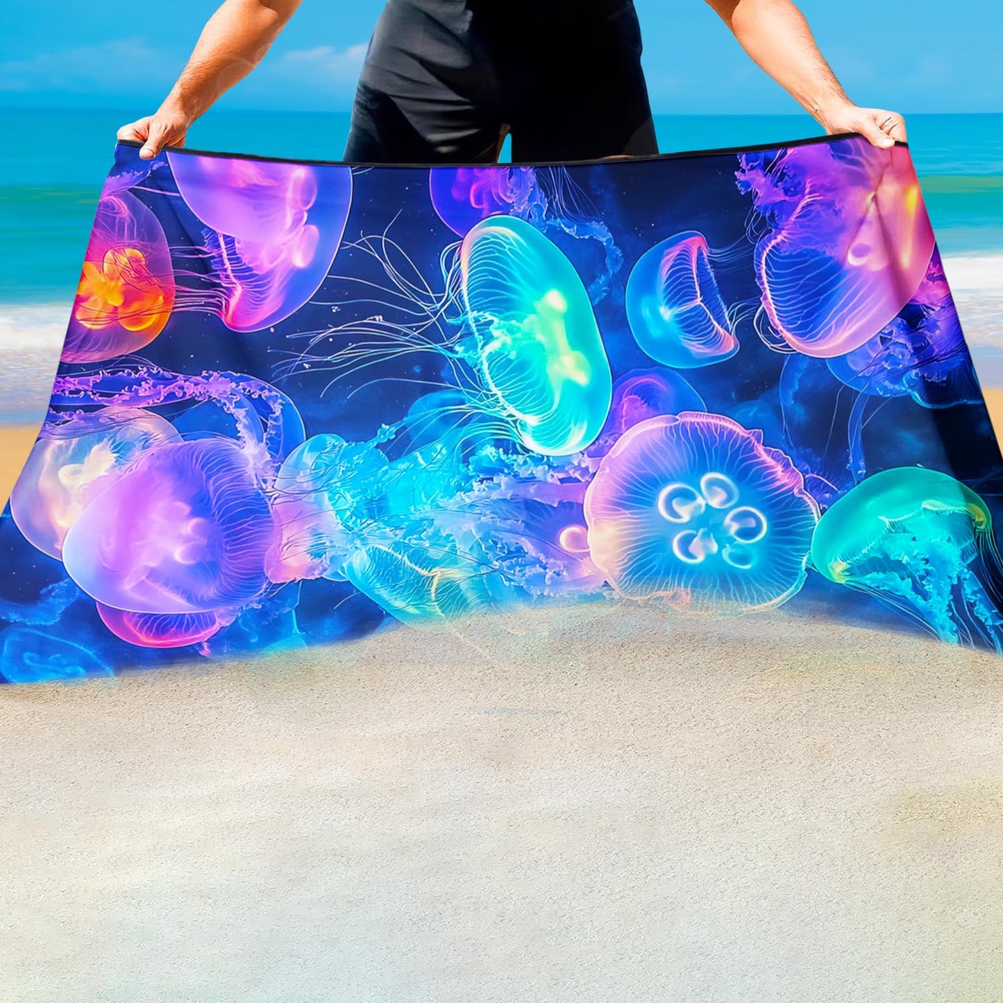 Violetpos Neon Jellyfish Group Beach Towel, Extra Large 180x90 cm 250GSM Microfibre, Sand Free Quick Dry