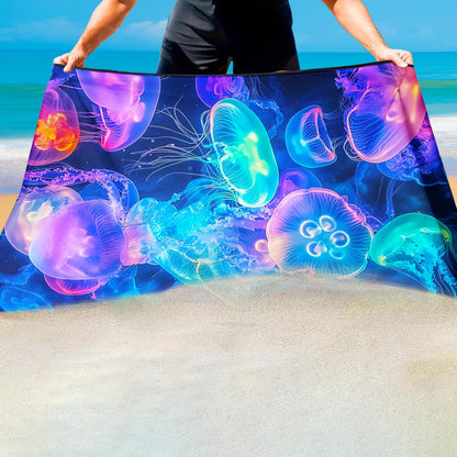 Violetpos Neon Jellyfish Group Beach Towel, Extra Large 180x90 cm 250GSM Microfibre, Sand Free Quick Dry