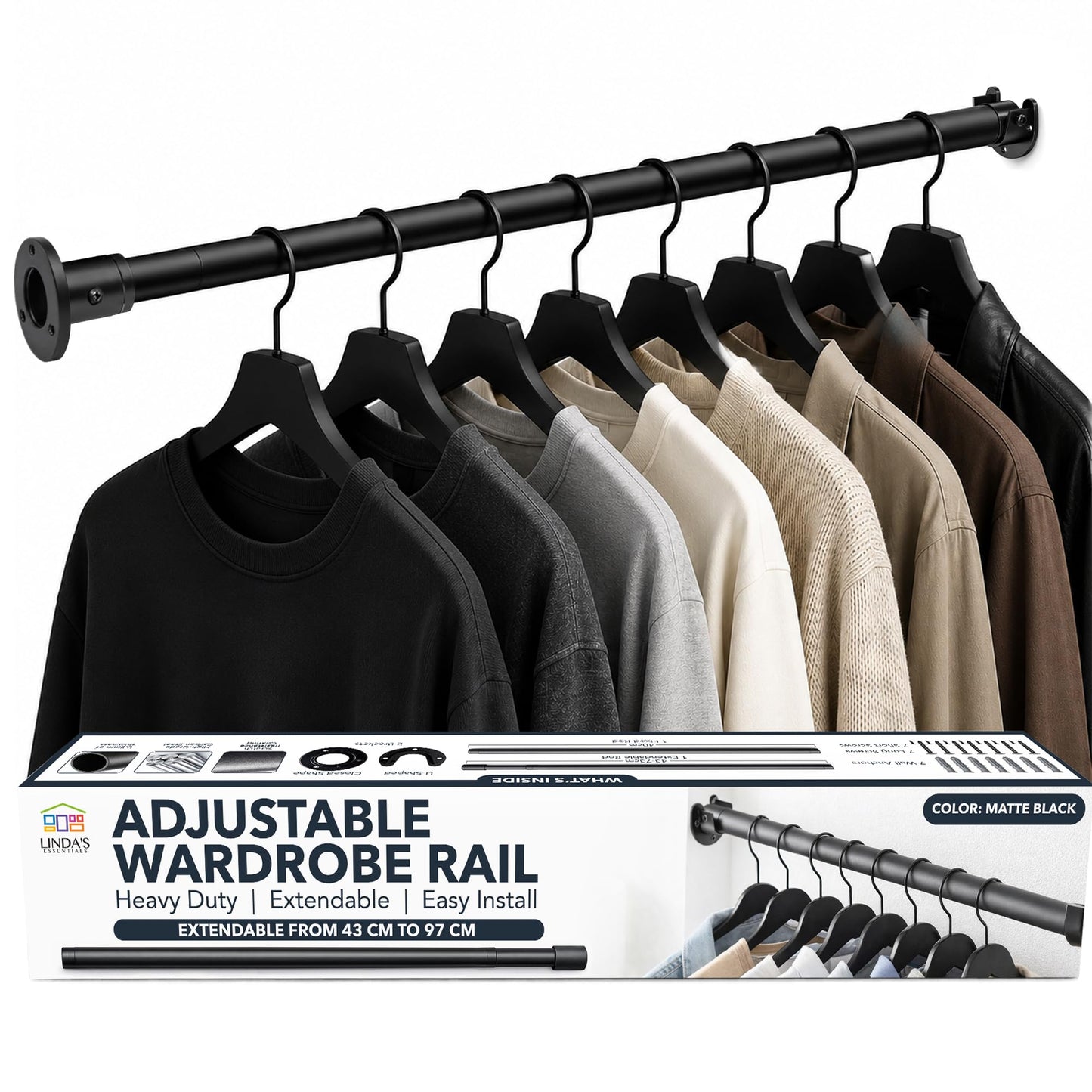 Extendable Wardrobe Rail 43-97cm, Heavy Duty Metal Wardrobe Pole, Wardrobe Rails and Fittings for Cupboards, Closets