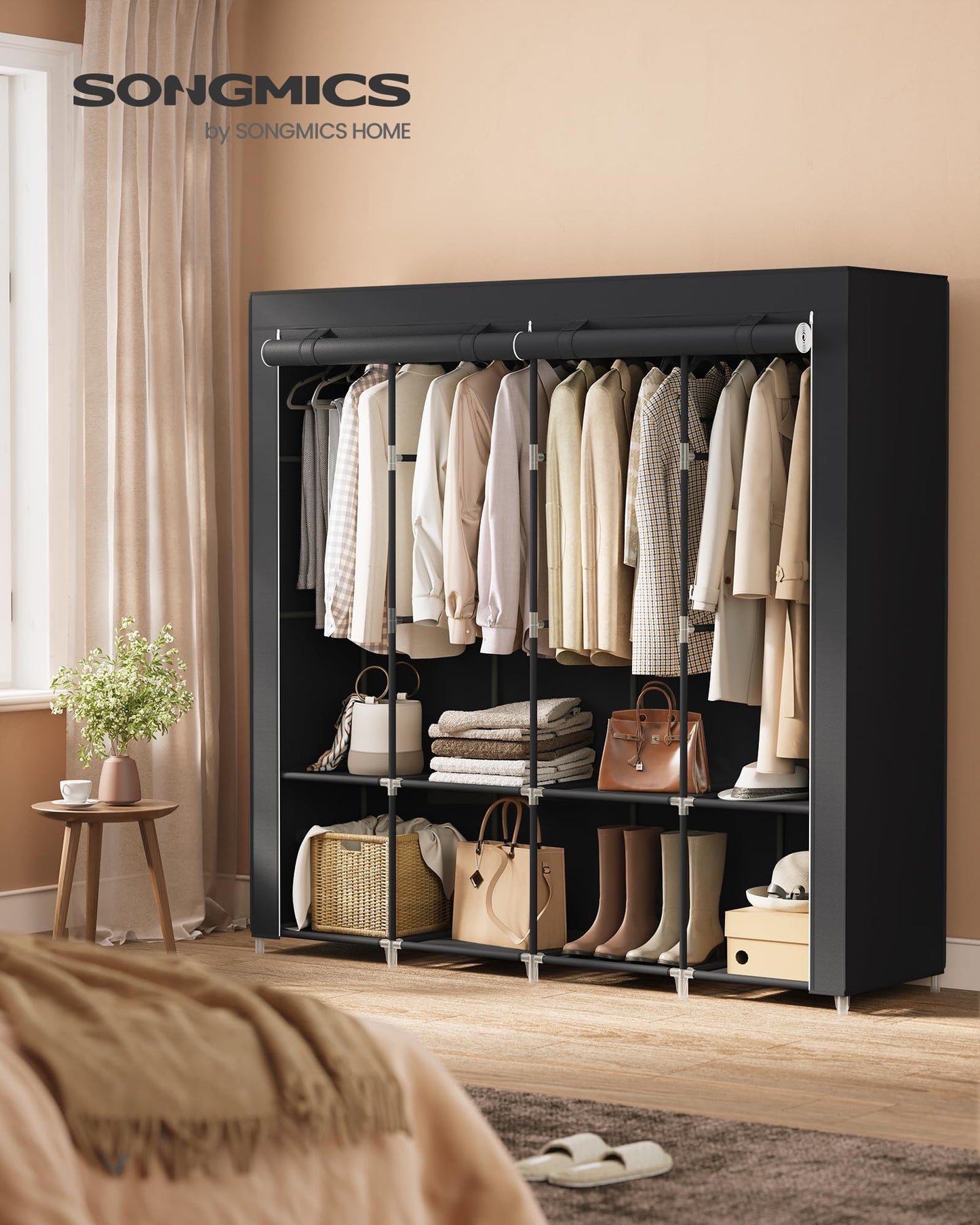 SONGMICS Clothes Wardrobe, Portable Closet, Garment Organiser Rack with 4 Hanging Rails, Shelves, 4 Side Pockets, 170 x 45 x 167 cm, Large Capacity