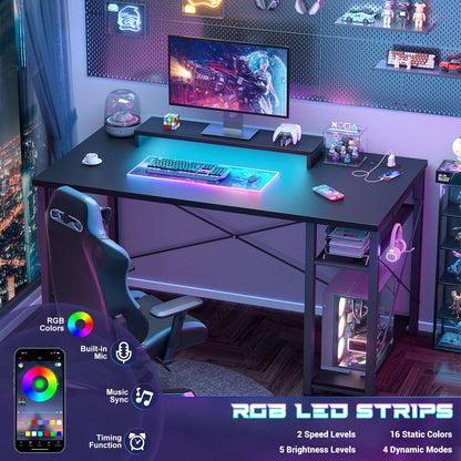 iSunirm Gaming Desk with LED Lights & Power Outlet, Reversible Computer Desk with Moveable Monitor Stand