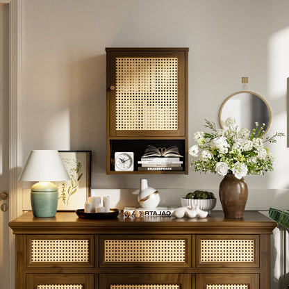 vovala Bathroom Wall Cabinet, Bamboo Over-The-Toilet Storage Organizer with Rattan Doors and Adjustable Shelf