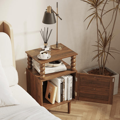 JERX Wooden Bedside Table, Nightstand with Storage Drawer and Open Wood Shelf, for Living Room, Bedroom and Small Spaces Walnut Brown