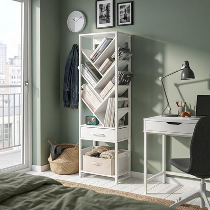 ruboka Tree Bookshelf with Side Table, Tall Bookcase with Storage Cabinet, Floor Standing Modern Narrow Bookshelves Organizer for Bedroom/Living