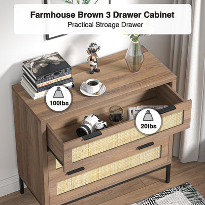 Skokliz Rattan Chest of Drawers with 3 Drawers, Storage Organizer for Bedroom, Wide Dresser Chest of Drawers, Modern Wooden Storage Unit for Hallway