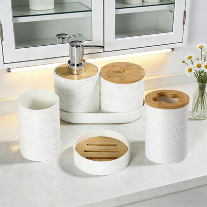 JETAINE Bathroom Accessories Set 8 Pieces, Bamboo Bathroom set Accessory, Luxury Toilet Accessories set w/Trash Can, Toilet Brush, Soap Dispenser