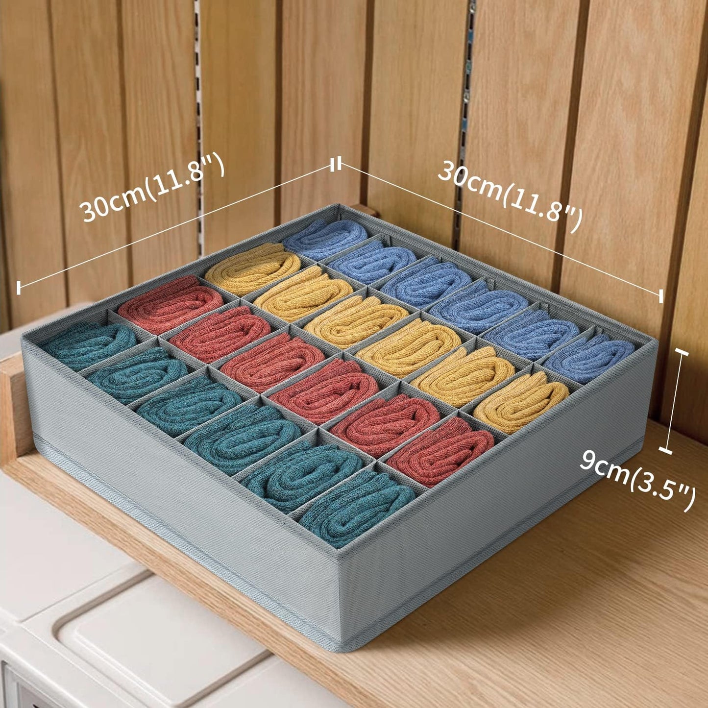 DIMJ 3 Pack Drawer Organisers 24 Cells Sock Organiser Foldable Underwear Drawer Organiser Fabric Drawer Divider Storage Boxes for Socks, Belts, Grey