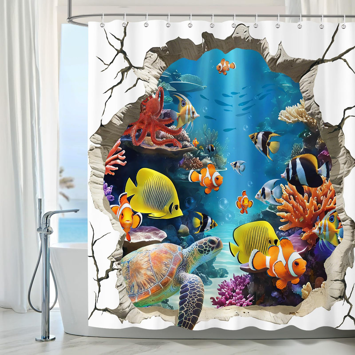 Dazzlewall 3D Fish Shower Curtain for Bathroom Mould & Mildew Resistant