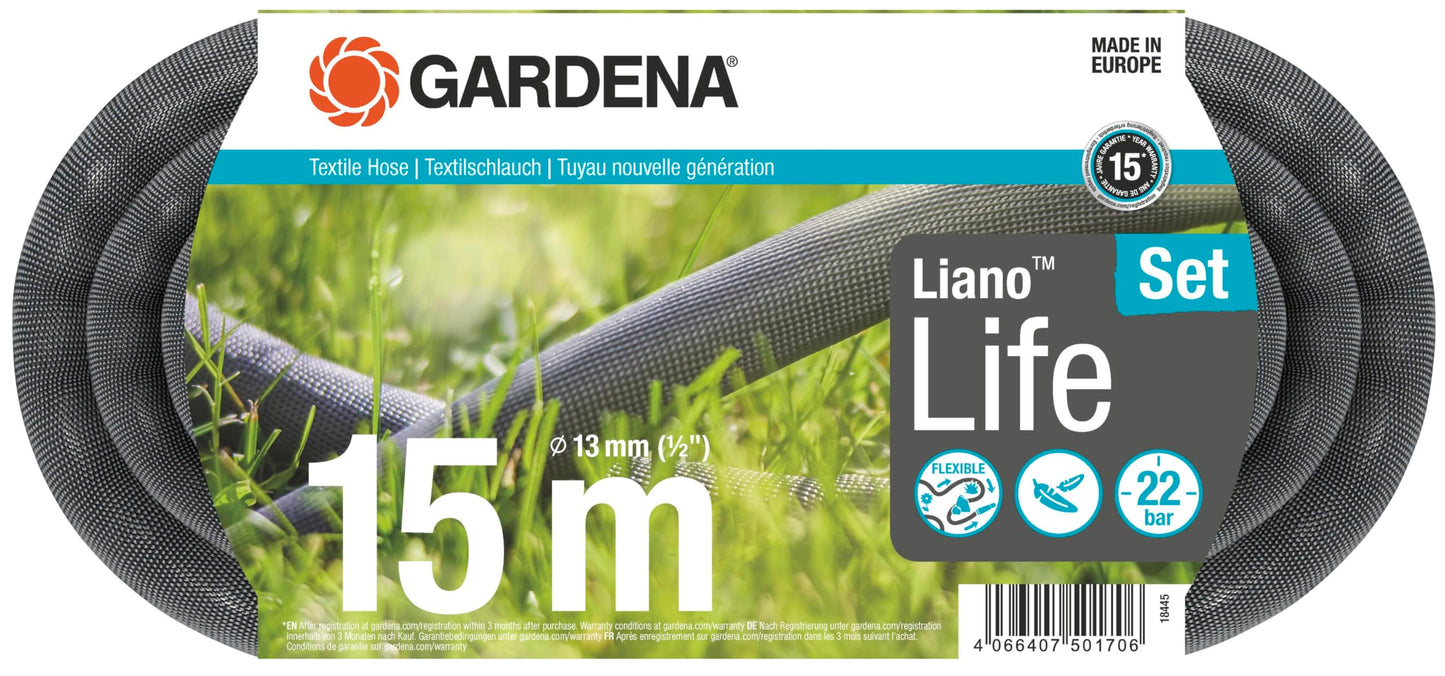 Gardena Liano Life Textile Hose 1/2 inch, 15m: Highly flexible textile garden hose, with PVC inner tube, no kinking, lightweight, weather-resistant