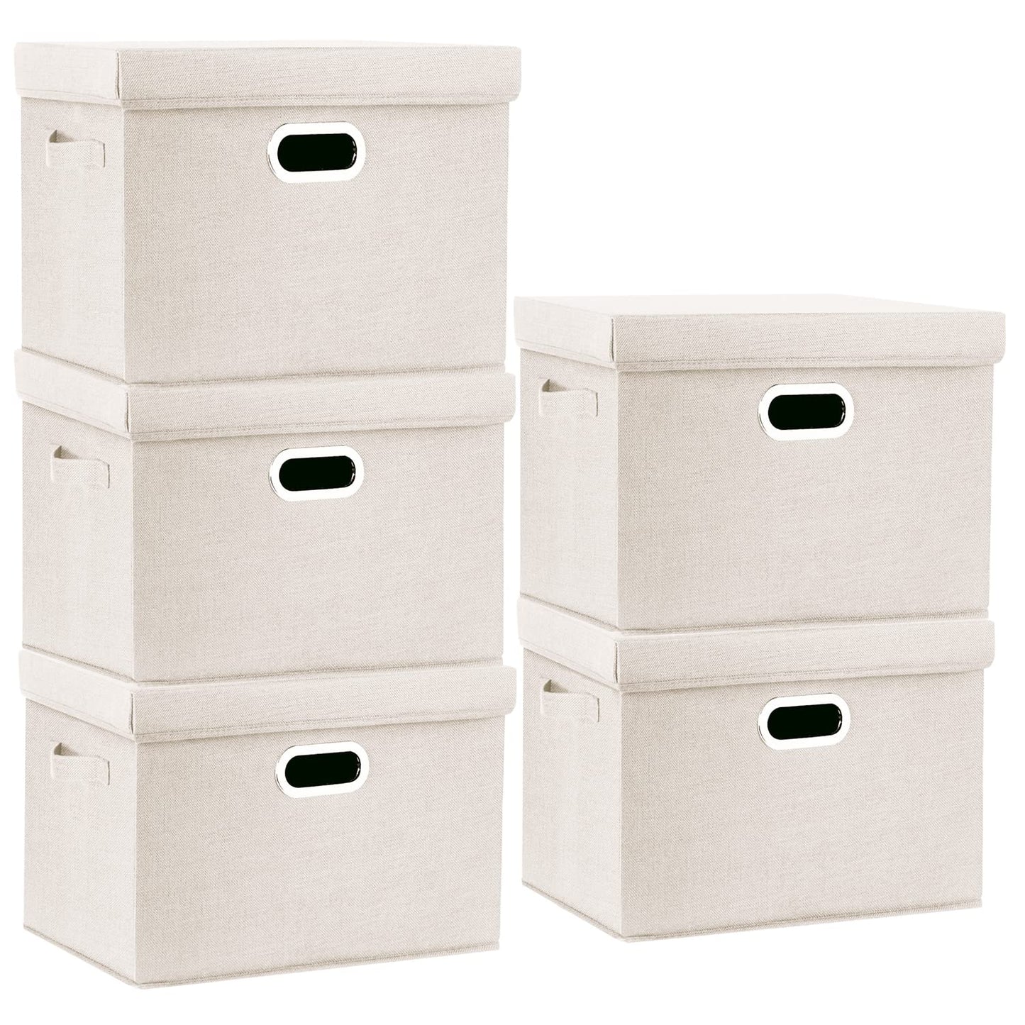 TYEERS Large Storage Box with Lid, Collapsible, Washable, Fabric Storage Box for Clothes, Wardrobe Storage, 44x30x29 cm, Set of 5, Beige