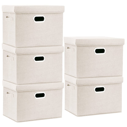 TYEERS Large Storage Box with Lid, Collapsible, Washable, Fabric Storage Box for Clothes, Wardrobe Storage, 44x30x29 cm, Set of 5, Beige