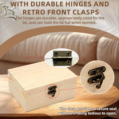 VIKOS Products (2-Pack Unfinished Unpainted Wooden Box with Hinged Lid for Crafts DIY Storage Jewelry Plain Pine Box - Small 6.7"x5.1"x3.1"