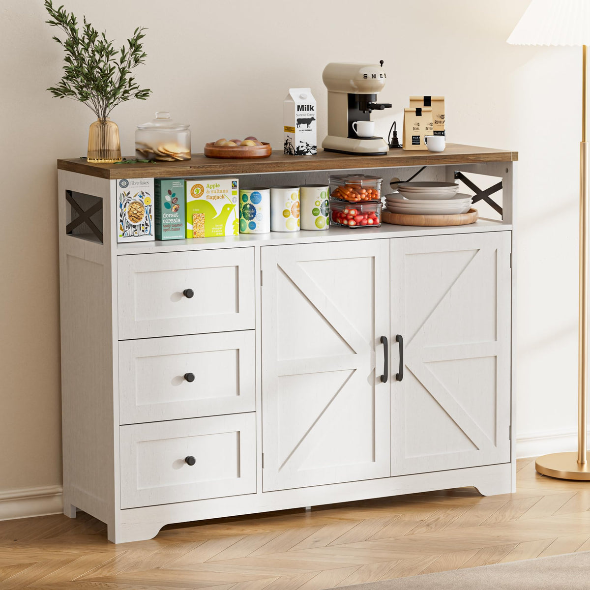 BonVache Sideboard Cabinet,Wooden Sideboard with Adjustable Shelf,3 Drawers and Open Shelf,Storage Cabinet for Living Room,Kitchen Storage Unit for