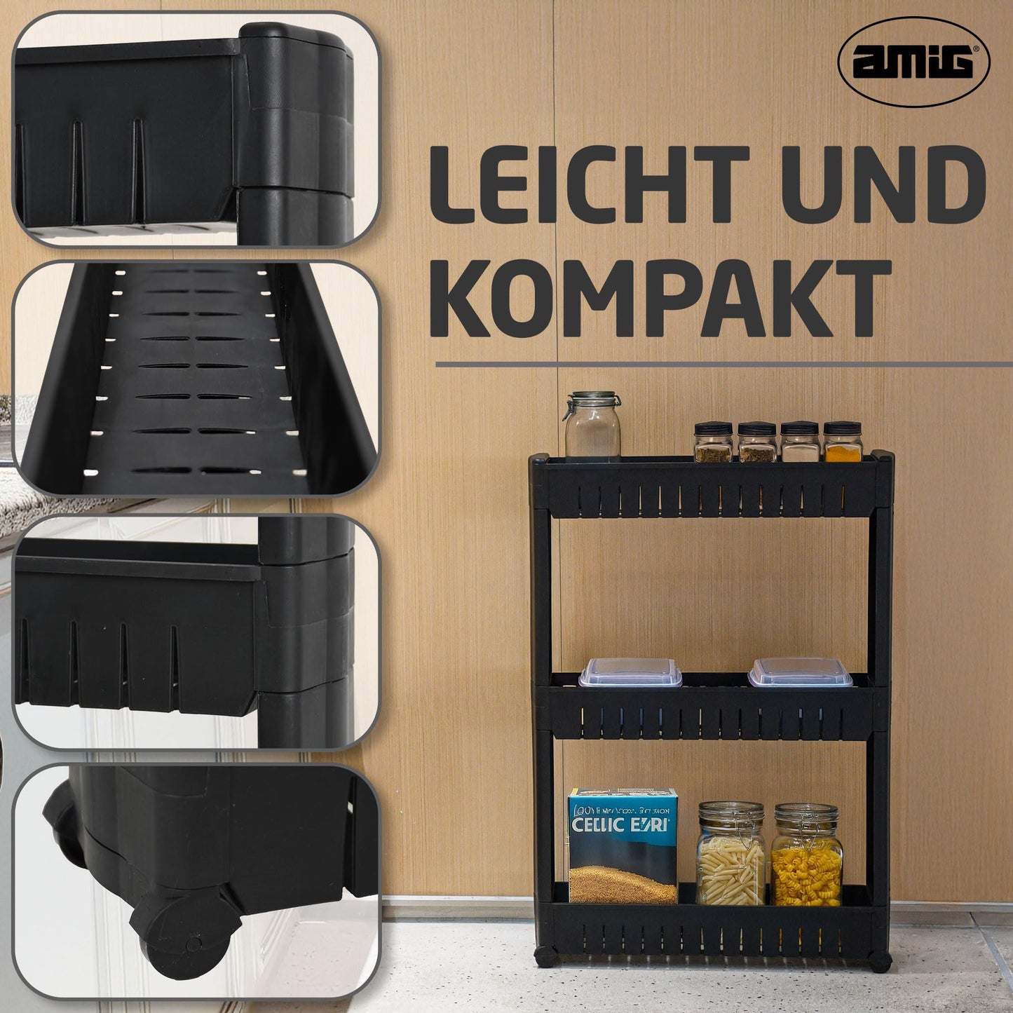 Amig - Narrow Storage Trolley with Wheels Böken - Black - 54 x 12 x 78 cm - 3-Tier Storage Unit for Bathroom