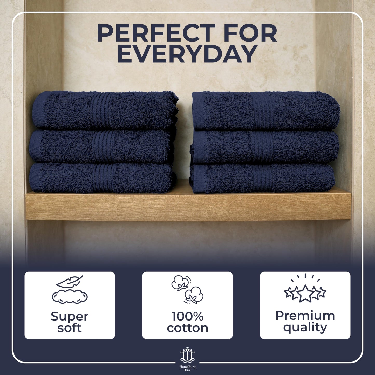HomeBurg Luxe 6-Piece Towel Set – Soft & Absorbent Cotton, Quick-Drying, Easy Care, 40 x 70 cm, Navy Blue