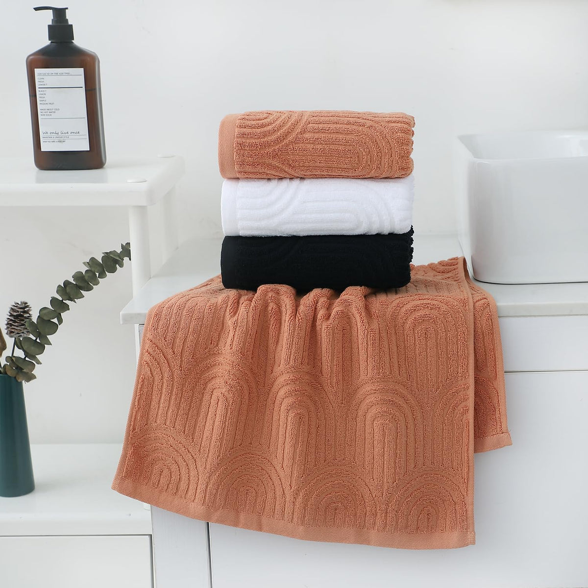 Pidada Hand Towels Set of 2 Striped Pattern 100% Cotton Absorbent Soft Decorative Towel for Bathroom (Burnt Orange)