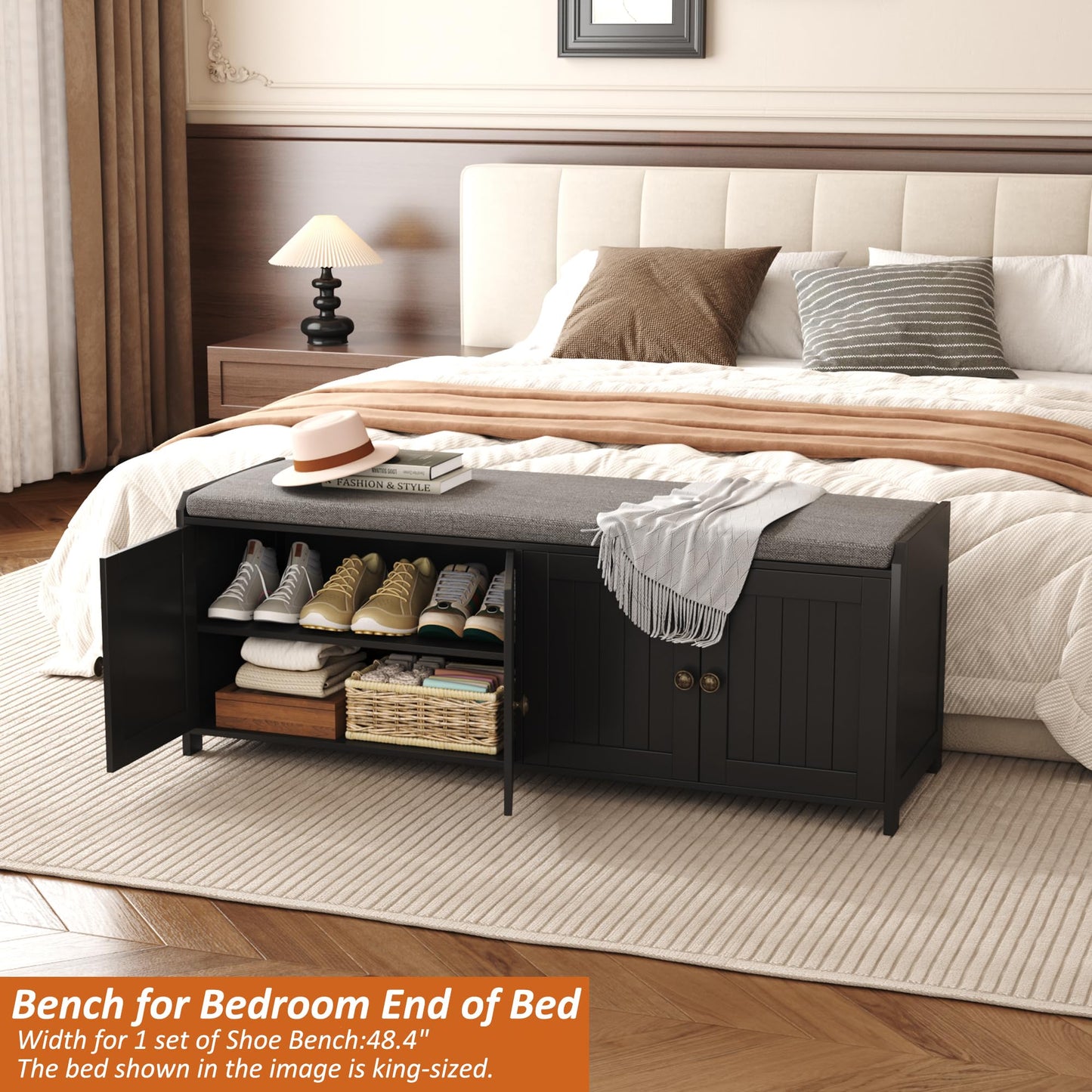 HOME BI Shoe Storage Bench with Cushion, 4 Door Entryway Bench with Padded Seat, 2-Tier Shoe Organizer with Adjustable Shelves