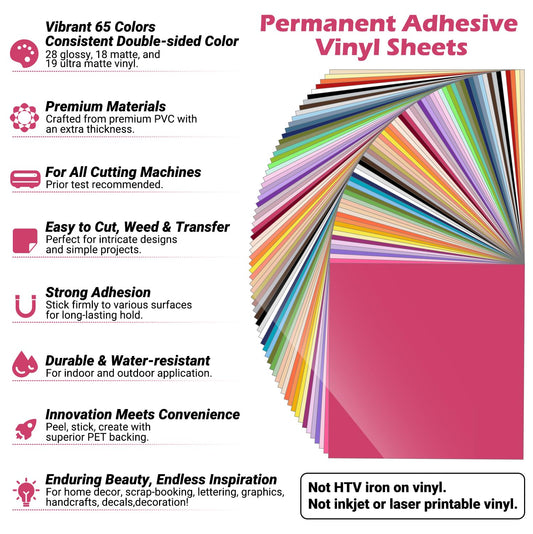 TECKWRAP Permanent Adhesive Vinyl Bundle - 65 Pack 12" x 12" Outdoor Vinyl Sheets (Glossy,Matte,Ultra Matte) Assorted Colors for Most Cutting