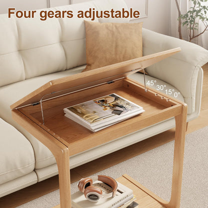 AQIMUELE Wooden C-Shaped End Table,Couch Table with Adjustable Desktop,Small Rolling Side Table with 2 Lockable Wheels 60 Width,Small End Table for