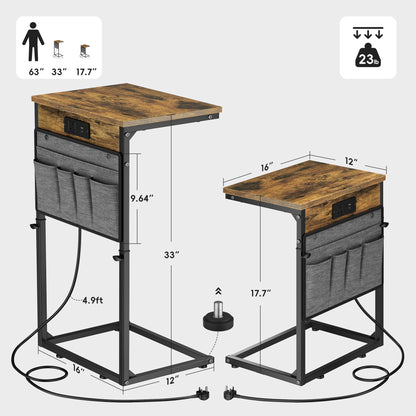 Vagusicc C-Shaped Side Table with Charging Station, Height Adjustable Sofa Side Table, Bedside Table, End Table for Small Spaces