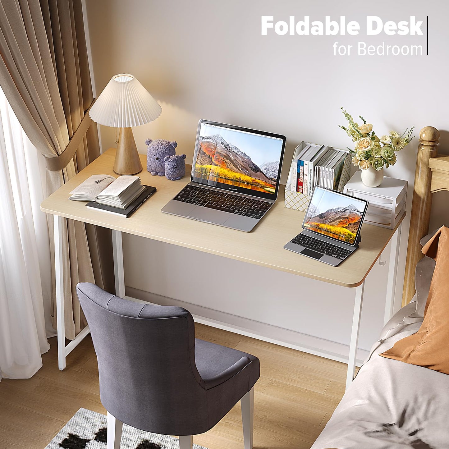 WOHOMO Folding Desk, 120cm Computer Foldable table for Work, Beige