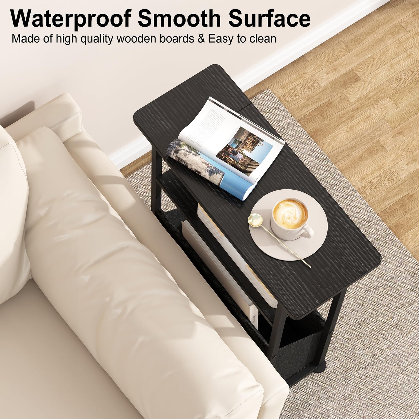 Yusong Narrow Side Table for Small Spaces, Skinny End Table with Storage Basket, 3 Tier Slim Sofa Couch Bedside Table, Thin Nightstand for Bedroom