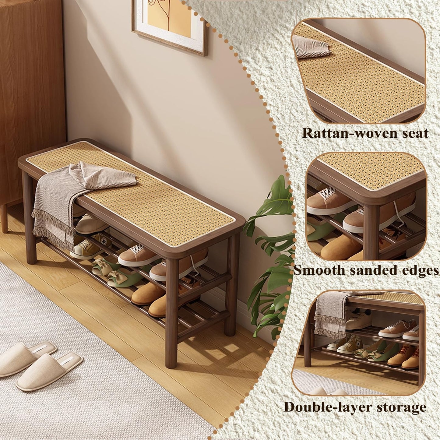 SOBIBO Bamboo Shoe Rack Bench with Rattan Seat, 3-Tier Shoe Storage Bench, Entryway Bench for Hallway,Walnut 39.4 inches