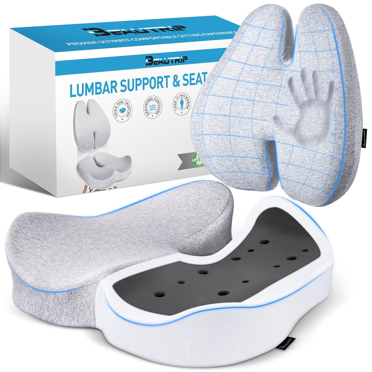 BEAUTRIP Seat Cushion & Lumbar Support Pillow for Office Chair, Car & Wheelchair - Ergonomic Coccyx Cushion for Tailbone