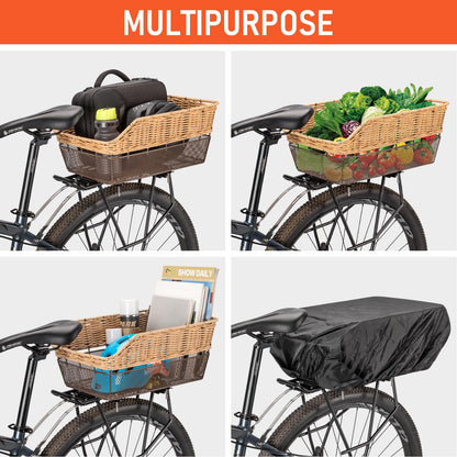 Large Rear Bike Basket, 25L Woven Basket with Load Capacity up to 20 kg – Metal Base Weatherproof & Rust-Free – for E-Bike and Electric Bicycle
