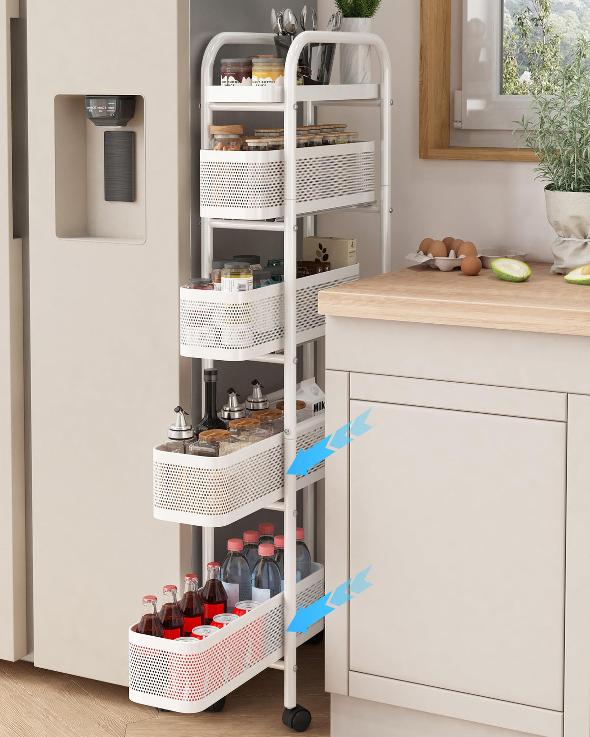 UMDONX Metal Kitchen Storage Trolley with Pull out Basket Narrow 5 Tier