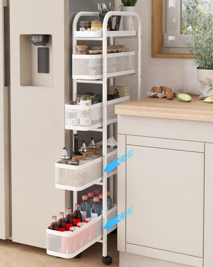 UMDONX Metal Kitchen Storage Trolley with Pull out Basket Narrow 5 Tier