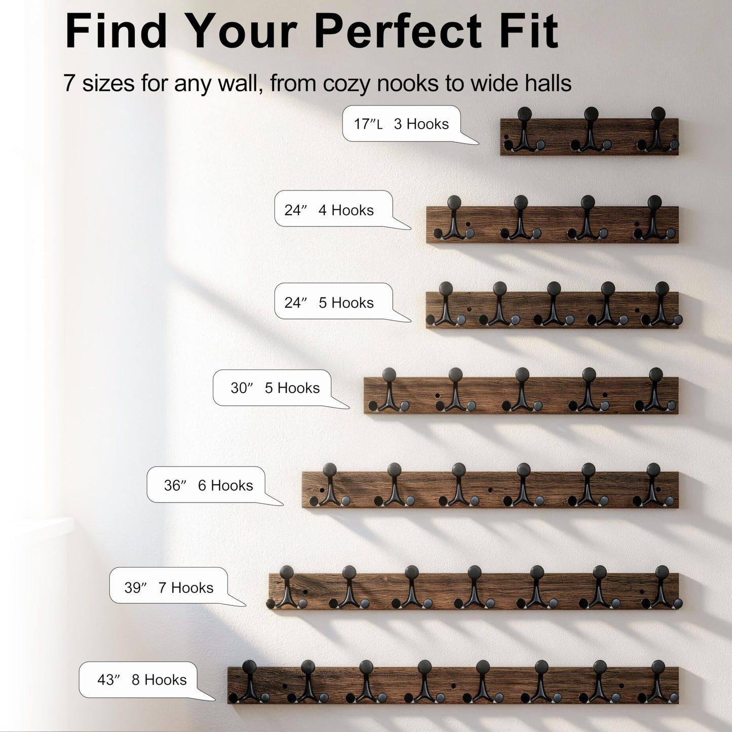 SKOLOO 43cm Wood Burnt Coat Rack Wall Mount with 3 Triple Hooks - Ideal for Family Entrances, Classrooms, and Pet Supplies Storage