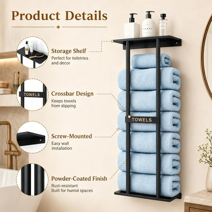 Black Towel Rack Wall Mounted with Shelf, Metal Bathroom Towel Holder