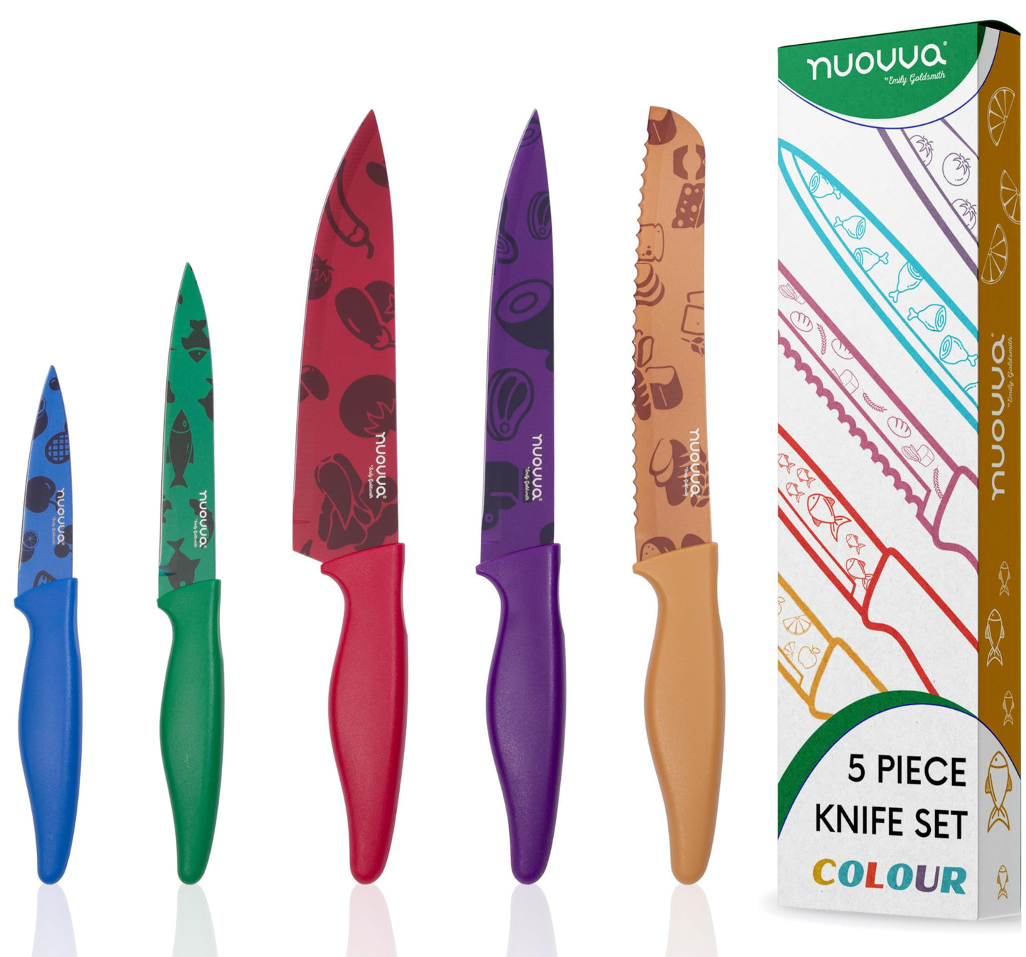 nuovva Professional Kitchen Knife Set ? 5pcs Colour Pattern Kitchen Knives ? Stainless Steel Granite Non Stick Blades ? Chefs, Filleting, Bread,