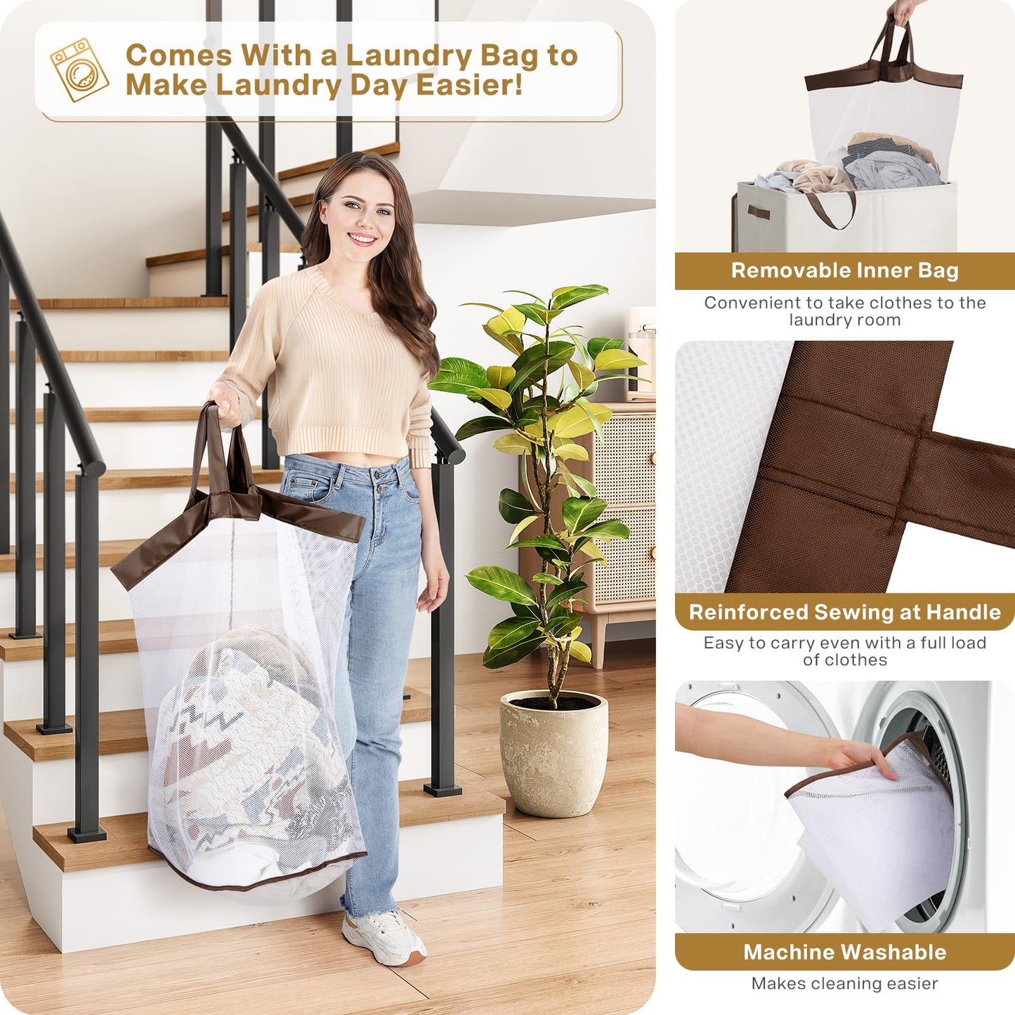 SOLEDI 145L Laundry Basket with Lid and Removable Bags, Large Laundry Hamper Collapsible Laundry Basket with 2 Compartment, Washing Basket for Laundry