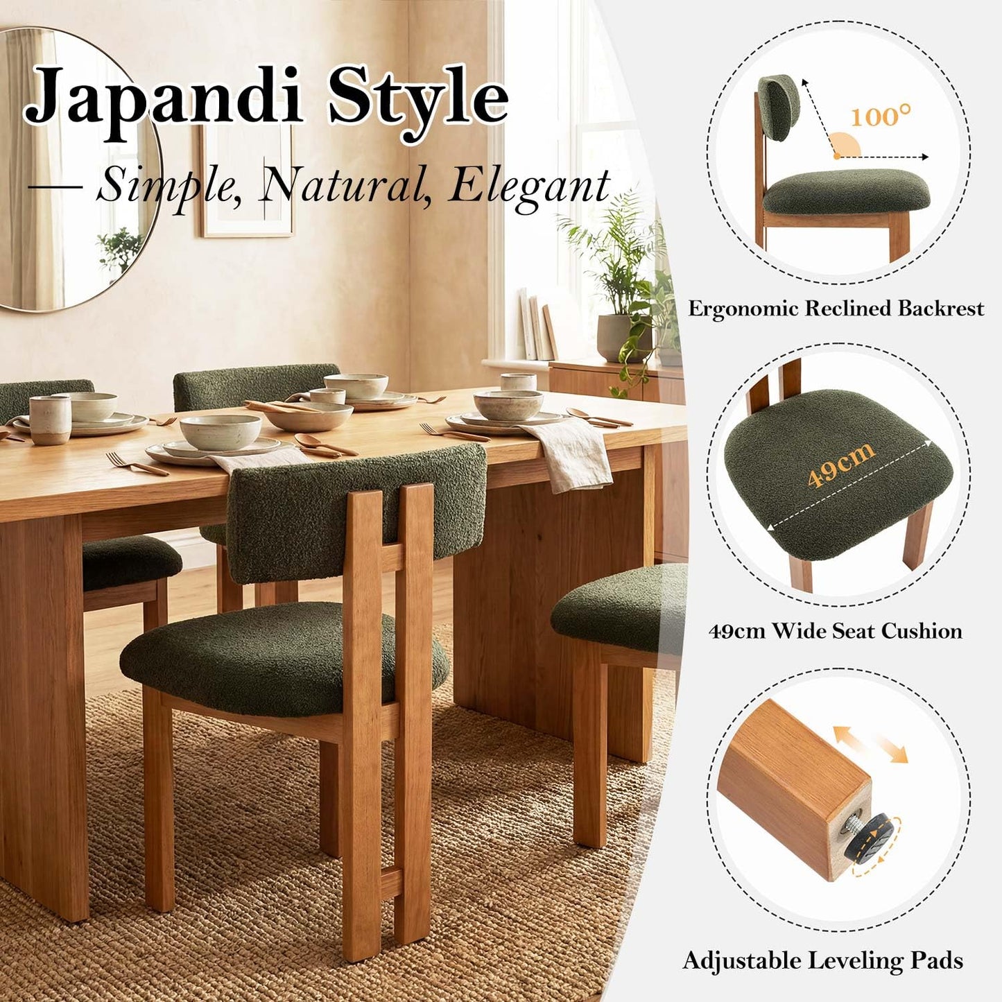 younturn Retro Mid Century Dining Chairs Set of 2, Boucle Upholstered Seats with Backrest and Solid Wooden Legs, Kitchen Chairs for Dining Room