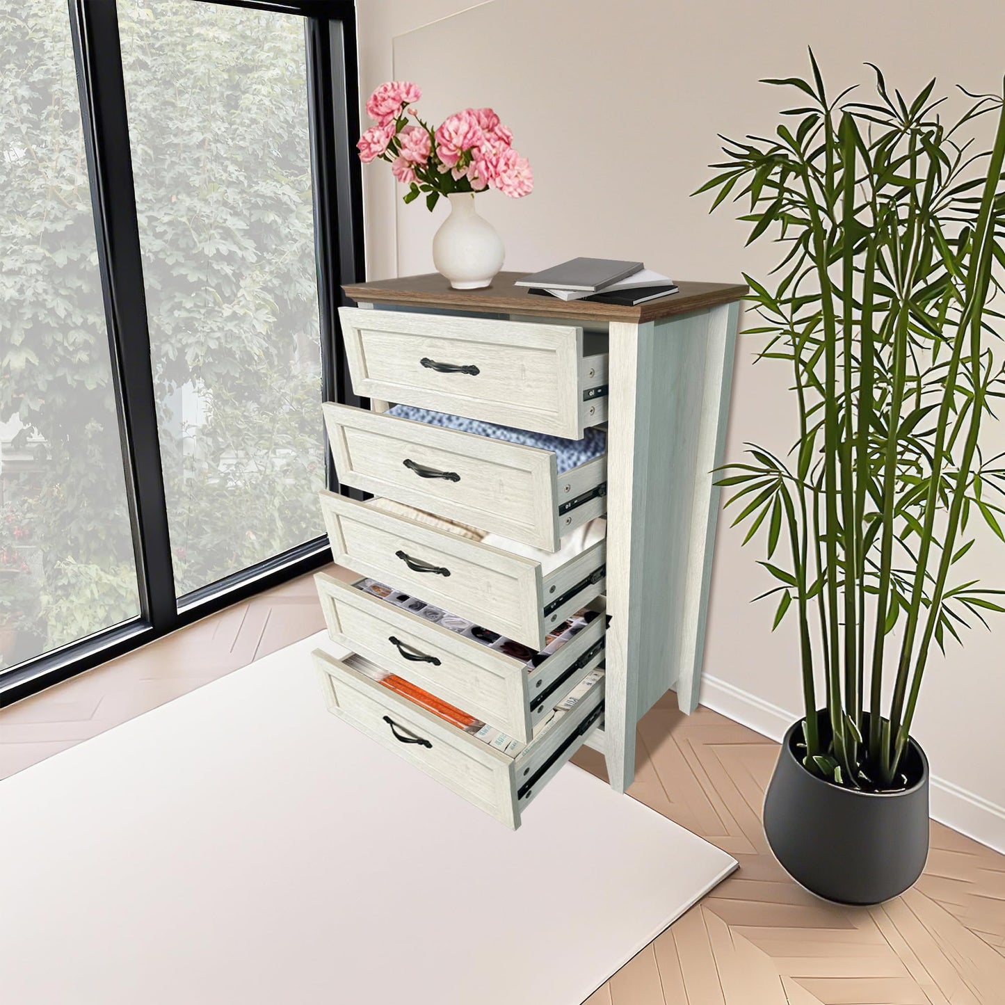 Crevyteg 5 Drawer Tall Dresser for Bedroom – Sturdy Steel Frame, Collapsible Drawers, Easy Pull Handles – Wooden Storage Chest