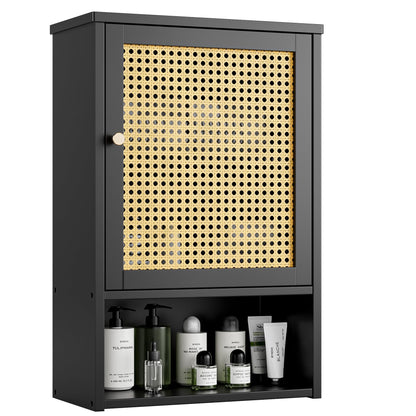 vovala Bathroom Wall Cabinet, Bamboo Over-The-Toilet Storage Organizer with Rattan Doors and Adjustable Shelf