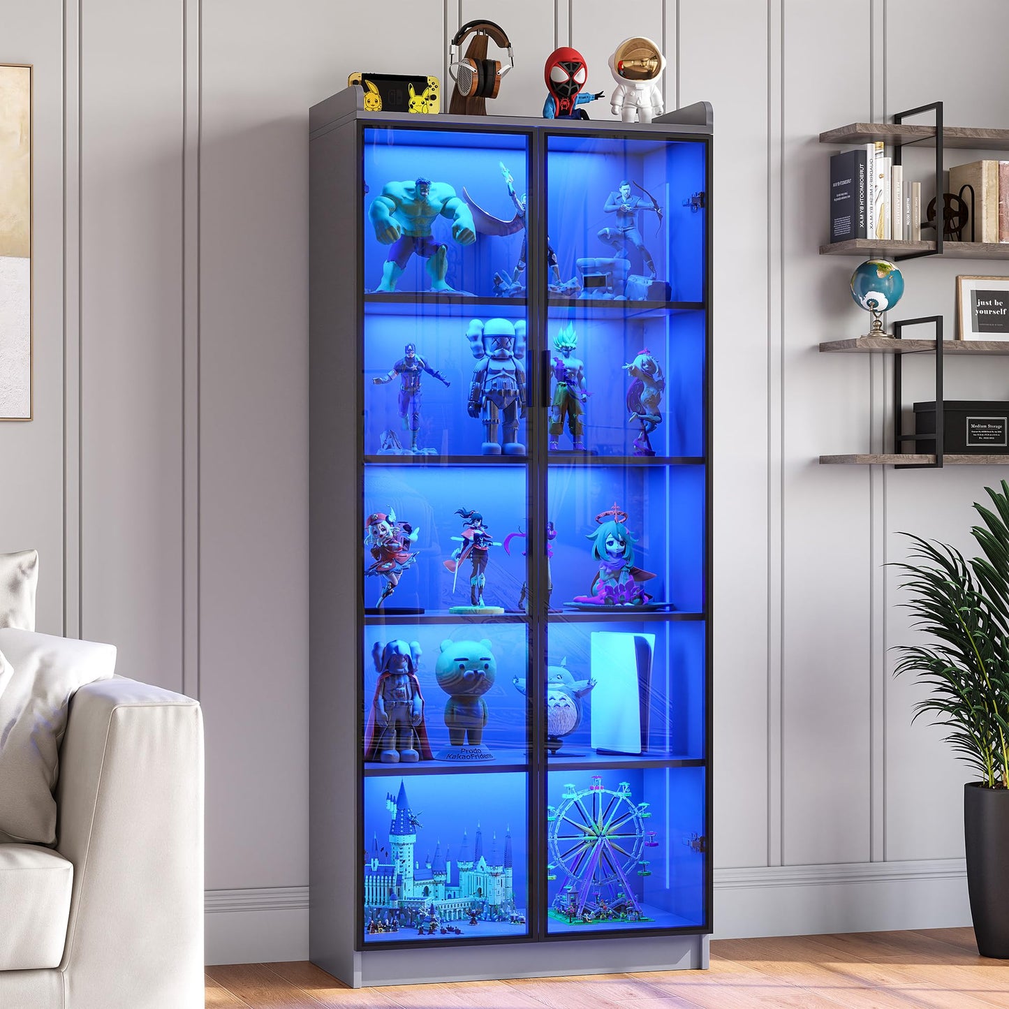 FREDEES LED Display Cabinet with 2 Doors and Adjustable Shelf, 165CM, Grey