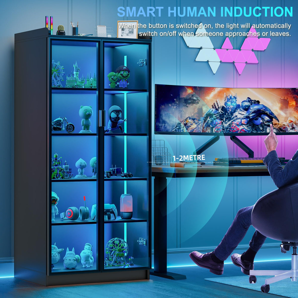 Lvifur 5-Tier Display Cabinets with LED Lights and Human Body Sensor,Black