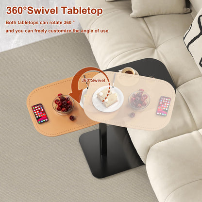 Adjustable Height C Shaped Side Table, 360°Swivel Bedside Table, Double Tabletop Laptop TV Tray Table Narrow End Table for Sofa/Bed