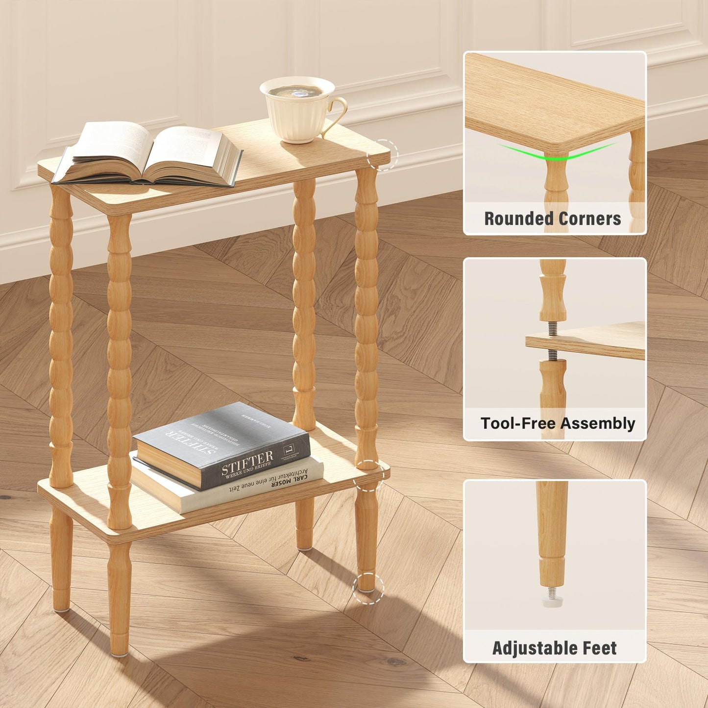 TUTOTAK Narrow Side Table, 2-Tier Small End Table with Storage, Slim Skinny Nightstand for Small Spaces, Living Room, Bedrooms, Natural TB01BN001EU