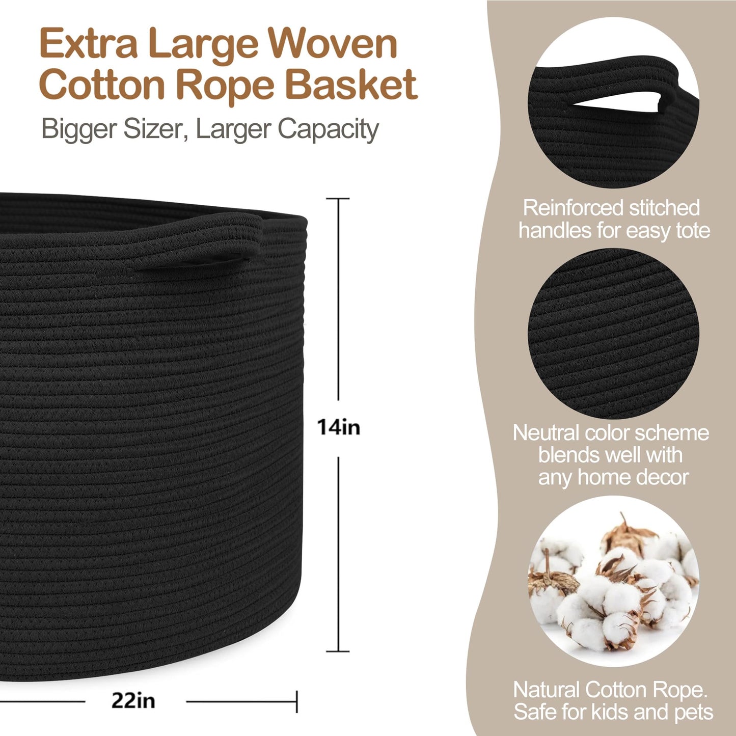 MEGASKET Large Black Blanket Basket, 22" X 22" X 14" Woven Rope Bin for Storage, Kids Dog Toy Storage Box Organizer Bins