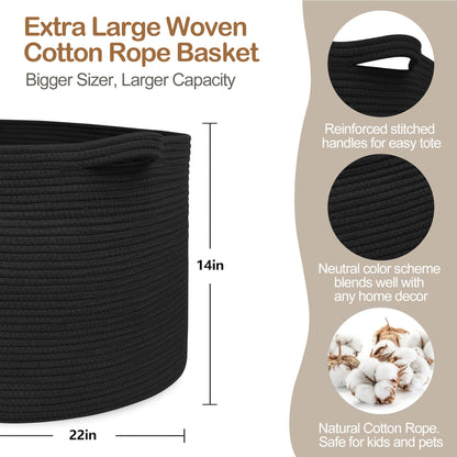 MEGASKET Large Black Blanket Basket, 22" X 22" X 14" Woven Rope Bin for Storage, Kids Dog Toy Storage Box Organizer Bins