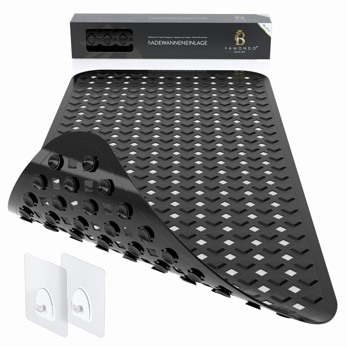 BAMONDO Bath Mat Non-Slip & Skin Sensitive (Black) - 88 x 39 cm - Machine Washable | Mould-Free | BPA Free