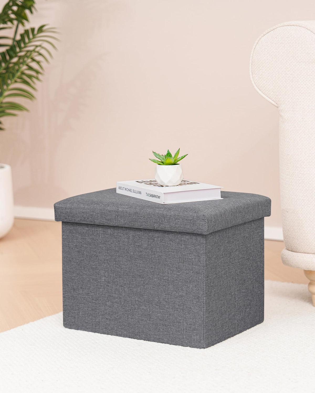 Bonlife Grey Ottoman Storage Box - Foldable Rectangular Footstool for Living Room, Kids Toy Chest with Lid, Multi-Use Seat & Storage, 42x32x32 cm