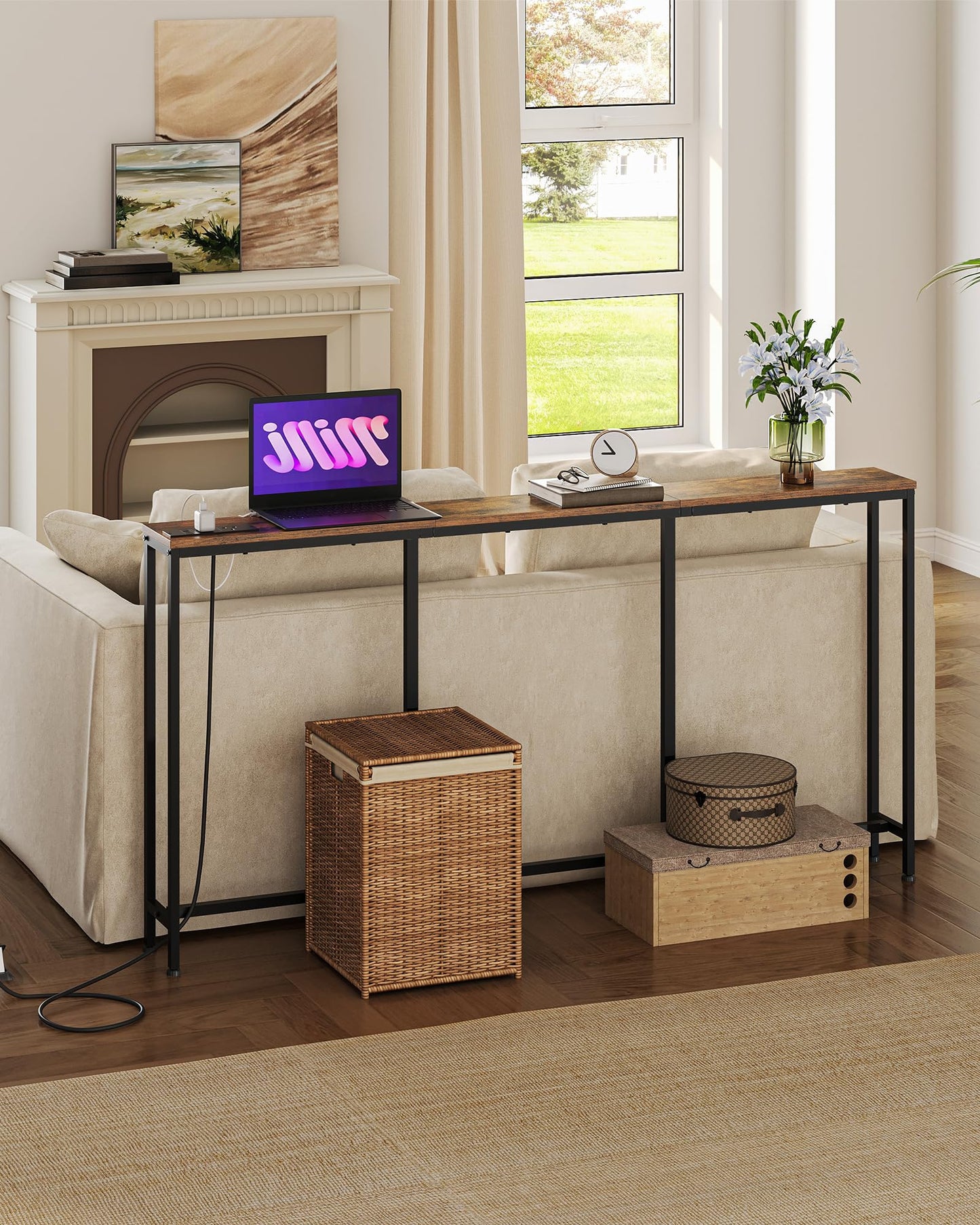 CHOEZON 160 cm Narrow Console Table with Power Outlet, 18 cm Skinny Sofa Table, Long Behind Couch with Charging Station, for Entryway, Hallway